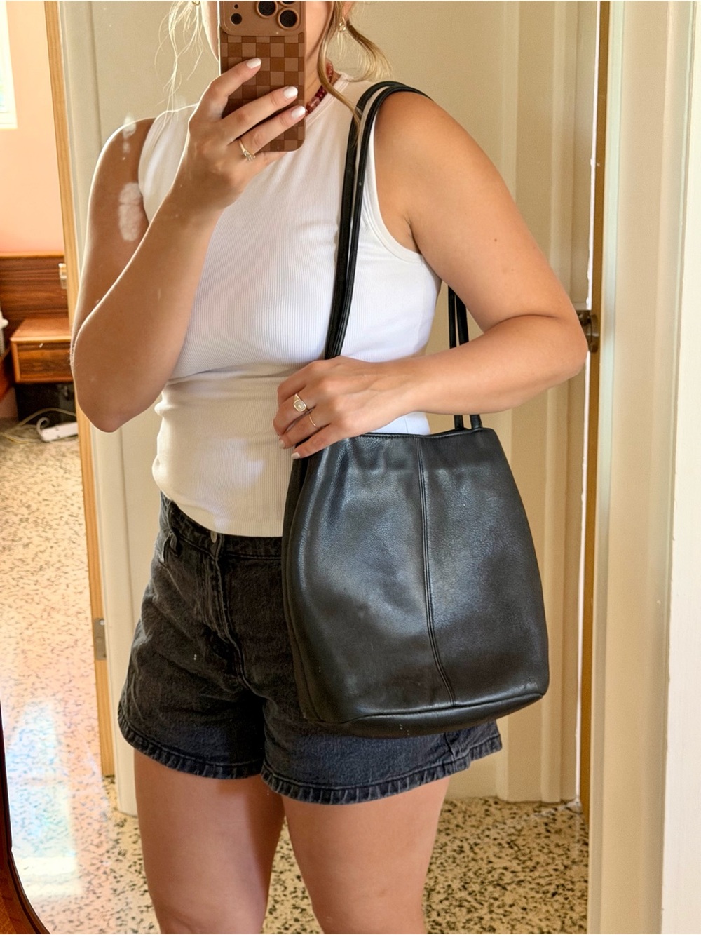 Black Leather Shoulder Bag - Classic Minimal Tote